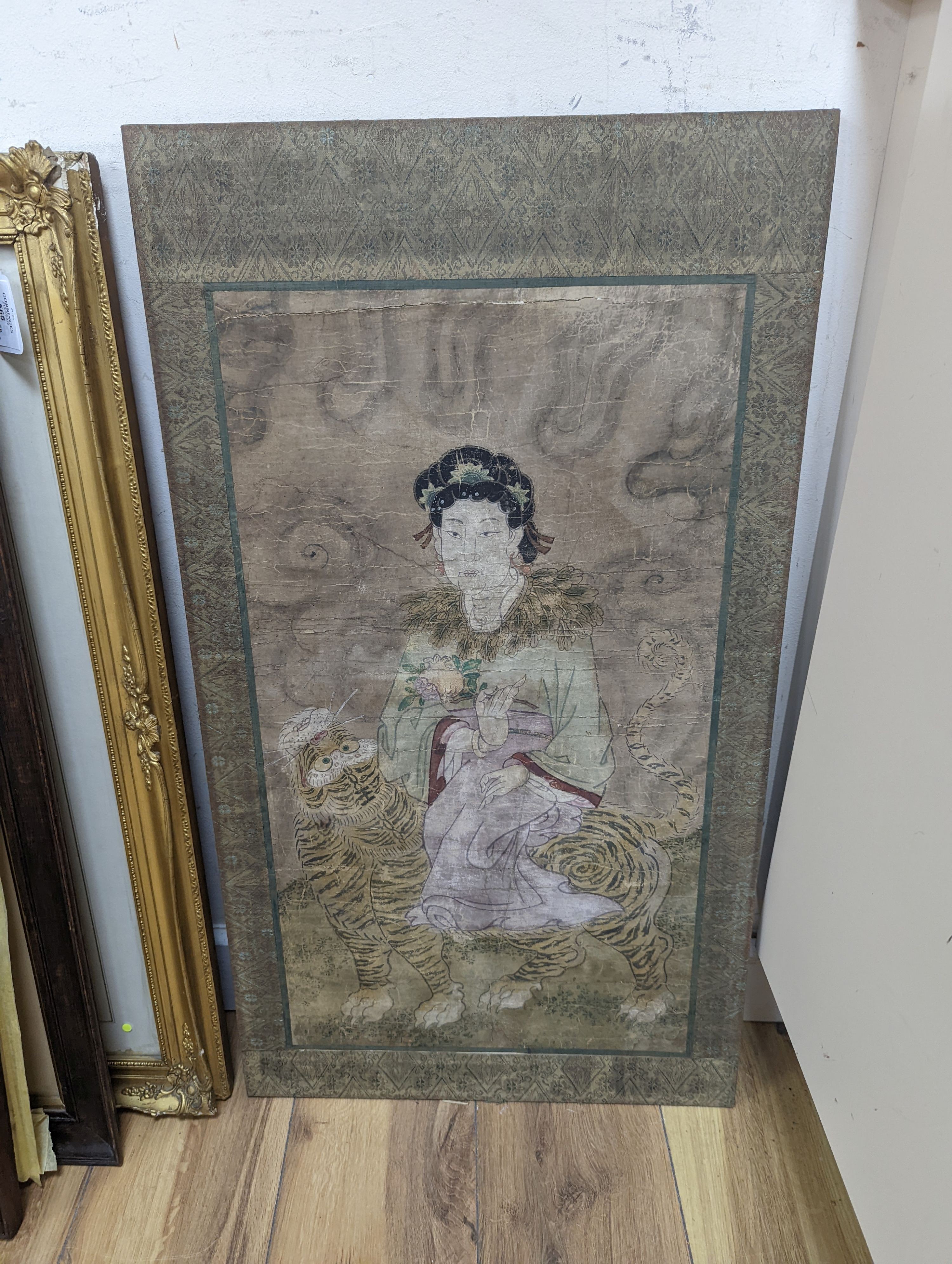 Four paintings in the Ming style with mythical beasts, 43cms x 76cms high.